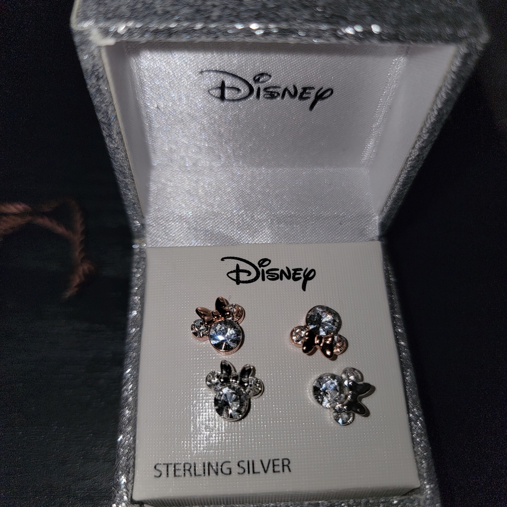 2 PAIR!! Disney Sterling Silver Minnie Mouse Earrings In Silver And Rose Gold